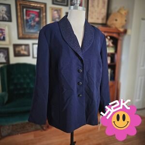 Vintage Y2K Perceptions Navy Embroidered Collar Button Front Blazer Jacket Suit